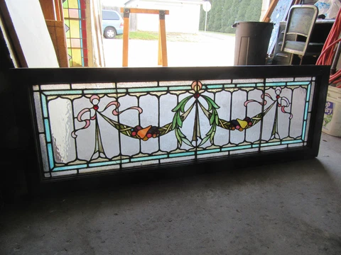 ~ ANTIQUE STAINED GLASS TRANSOM WINDOW FESTOONS FRUIT ~ 52 X 18 ~ SALVAGE Cover