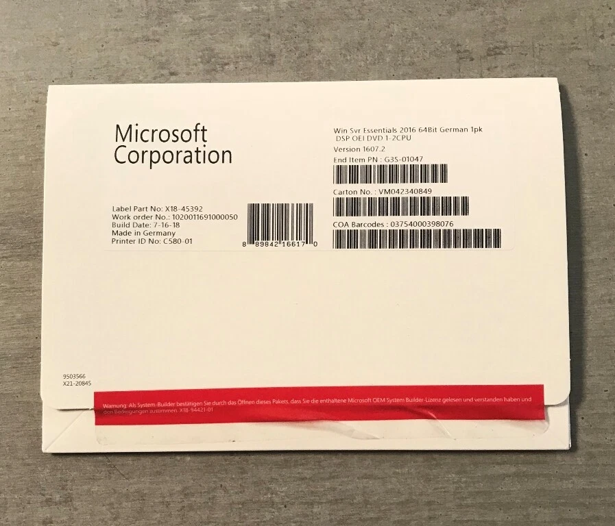 MS Windows Server 2016 Essentials OEM/SB Vollversion 1-2 CPU deutsch (G3S-01047) - Bild 1 von 1