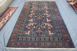 Antique Dark Blue Pictorial Rug 5'10x9'6 ft Hand Knotted Turkmen Nomadic Art Rug - Bild 1 von 16