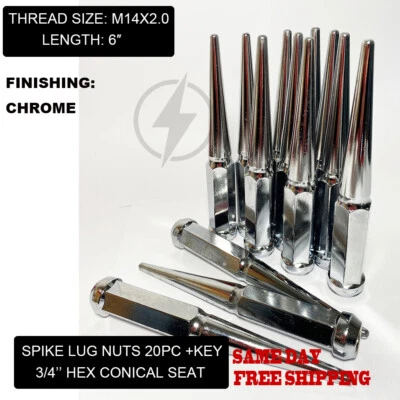 FIT FORD F150 NAVIGATOR EXPEDITION 6'' SPIKE LUG NUT CONE SEAT14x2 CHROME 20PC - Image 1 of 4
