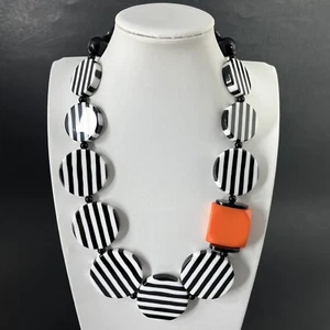 Acrylic Lucite Stripe Necklace Orange Black White Chunky Post Modern Statement - Picture 1 of 7