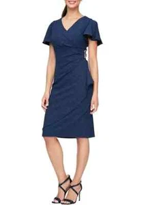 New $119 SLNY Women's Knee-Length Side Ruche Embellish Short Sleeve Dress A2436 - Picture 1 of 10
