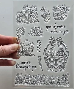 Clear Stamps EASTER CHICKS EGGS Basket Flowers Bird Rubber Stamping Card Making - Picture 1 of 8