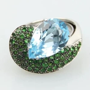 David Morris 18ct White Gold Blue Topaz & Tsavorite Dress Ring - Picture 1 of 9