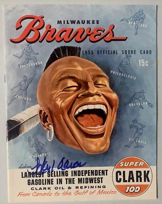 Braves Henry HANK AARON Signed 1955 Official Score Card Program Magazine JSA - Image 1 of 4