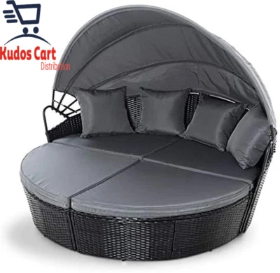 Rattan Tagesbett Outdoor Liege Garten Terrasse Möbel Set Baldachin Kissen grau   - Bild 1 von 4