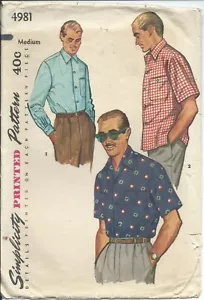 S 4981 sewing pattern 50's guy SPORT SHIRT short or long sleeves sew chest 38-40 - Picture 1 of 1