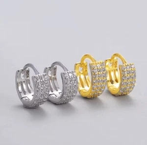Wide Hoop Multi CZ Earrings 18k Gold Plated Sterling Silver 925 Huggies Hoops - Picture 1 of 11