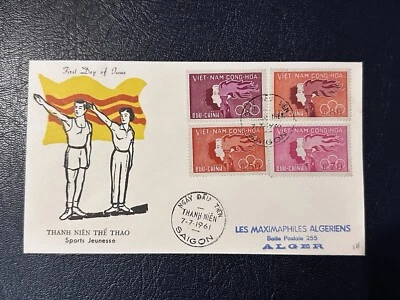 RARO 1961 Vietnam del Sur FDC DEPORTES JUVENILES BANDERA DE VIETNAM DEL SUR PRESTIGIO SAIGÓN PMK 2 Foto 1 de 2