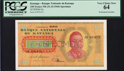 KATANGA 100 FRANCS 1960 **SPECIMEN** PCGS 64 VERY CHOICE NEW UNC P 8s ZZ RARE!! - Image 1 of 4
