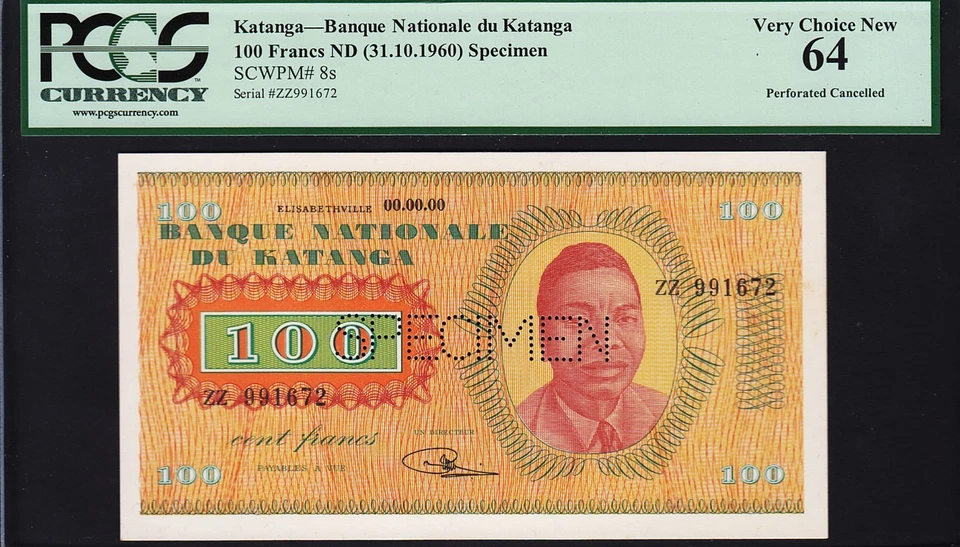 KATANGA 100 FRANCS 1960 **SPECIMEN** PCGS 64 VERY CHOICE NEW UNC P 8s ZZ RARE!! - Image 1 of 4
