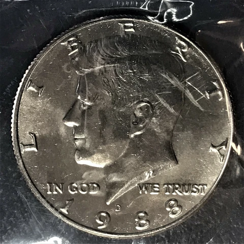 1988 D Kennedy Half Dollar Clad No Silver Brilliant Unc Sealed in Orig Cello BU Cover