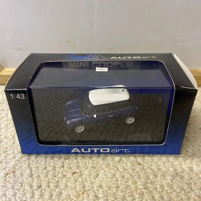 BMW MINI COOPER AUTOART DARK BLUE WITH WHITE ROOF MODEL CAR 1:43 SCALE   - Image 1 of 4