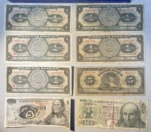 1943 - 1970 MEXICO One 1, 5 & 10 PESOS Banknotes Lot Of 8 Circulated Paper Notes - Picture 1 of 12