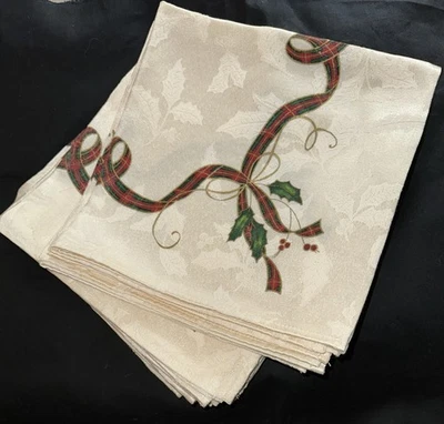 Lenox Dinner Napkin Holiday Nouveau Xmas Plaid Gold Ribbon 20"  12 Available NEW - Image 1 of 4