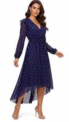Betsy & Adam Chiffon Dress Size 2 Navy Blue Clip Dot Hi-Low Midi Long Sleeve NWT - Image 1 of 4