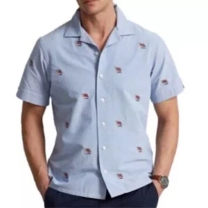 Polo Ralph Lauren Classic Fit Mens LG Blue Flag AOE Short Sleeve Button Up Shirt - Picture 1 of 7