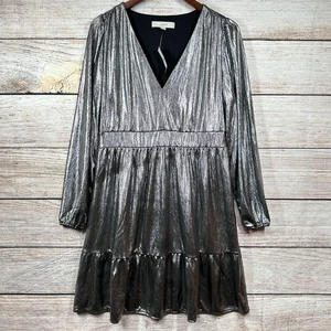 Loft Kleid Damen Größe 12 Silber Metallic Schimmer Rüschen V-Ausschnitt Langarm Neu mit Etikett - Bild 1 von 13