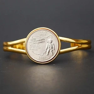 US 2002 Ohio State Quarter Coin Gold Plated Cuff Bracelet - Beautiful - Picture 1 of 4