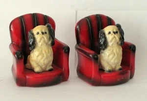 VINTAGE POTTERY DOGS IN A RED LEATHER CHAIR BOOKENDS FOLK ART - Picture 1 of 4