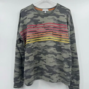 PJ Salvage Top Women Medium Green Camo Stripes Long Sleeve Sweatshirt Oversized - Picture 1 of 10