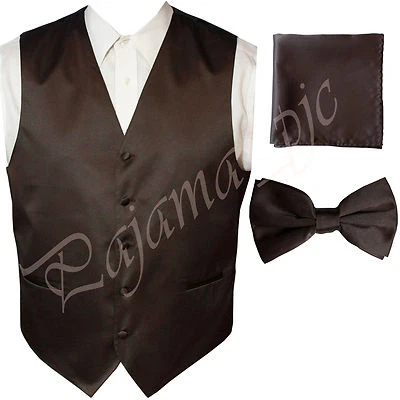 BROWN MEN'S Solid Vest Waistcoat and Bow Tie Set Suit or Tuxedo Formal Party - Image 1 of 3