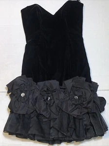 80s Tadashi Black Dress Cocktail Party Prom LBD Strapless Velvet Vintage - Picture 1 of 15