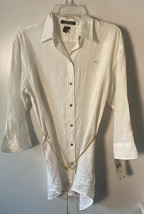 NWT Lauren Ralph Lauren White Gold Chain BELTED Linen Tunic Top Blouse Women M - Picture 1 of 11