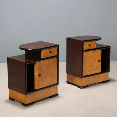 Vintage Bedside Tables Deco Exotic Wood Veneer Design 1940s Originals - Image 1 of 4