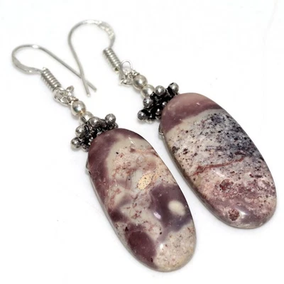 Beaded Porcelain Jasper 925 Silver Plated Earrings 2.5" Promise Gift JW - Image 1 of 3