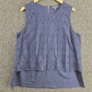 Karl Lagerfeld Lace Tank Top Womens XL Sleeveless Navy Layered Zip Fairy Witchy - Picture 1 of 9