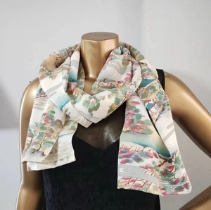 Handmade Kimono Silk Scarf Red Bridge Landscape Japanese Wrap One of a Kind - Picture 1 of 6