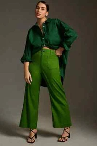 NWT Anthropologie Maeve 16W The Colette Cropped Linen Wide-Leg Pants Green 16 W - Picture 1 of 8