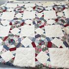 quilt bedspread queen 8 pointed star floral red blue heavy rustic cottage core