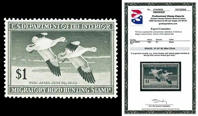 Scott RW14 1947 $1.00 Duck Stamp Mint Graded VF-XF 85 NH with PSE CERT - Image 1 of 2