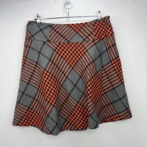 Boden Skirt Check Plaid Wool Blend Tweed Orange Grey Skater Size UK 16 - Picture 1 of 9