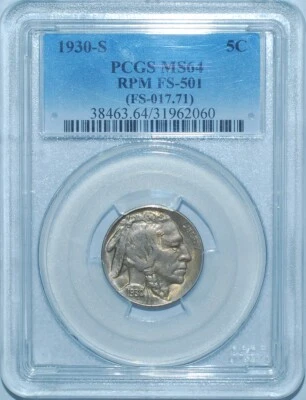 1930 S/S PCGS MS64 FS-501 RPM Repunched Mint Mark Buffalo Nickel - Image 1 of 3