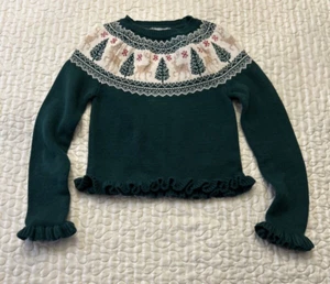 Tahari Christmas Sweater Girls M (7-8 yrs) Green Reindeer Frilled Cuffs & Waist - Picture 1 of 12