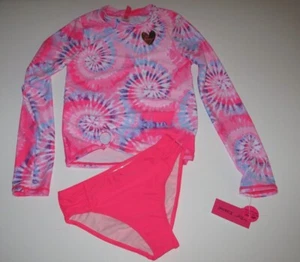 Betsey Johnson Girl's M 10 Long Sleeve 2 Pc Rash Guard Pink Swimsuit Tie Dye - Picture 1 of 3