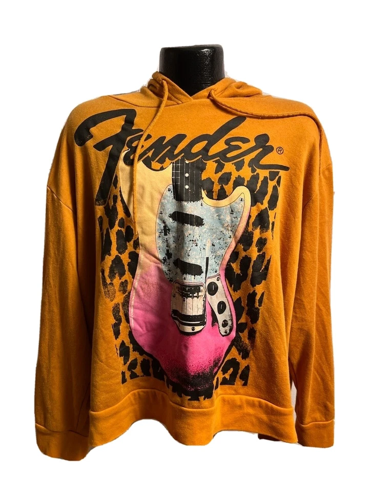 Fender Sweatshirt Women 3X Mustard Yellow Gold Leopard Print Cotton Blend Hoodie - Imagem 1 de 4