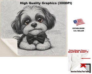 DigiPups Lowchen Dog Black Tie Portrait Cartoon Sherpa Fleece Throw Blanket - Picture 1 of 6