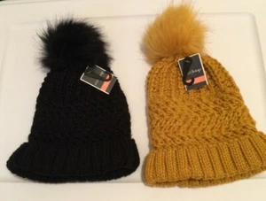 Pom Top Knit Hat Black or Gold Rolled Bottom Faux Fur One Size Acrylic Headwear - Picture 1 of 30