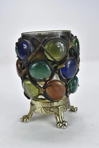 Vintage MCM ORNATE JEWELED MARBLE ART GLASS CANDLE HOLDER BRASS BASE FEET #07457 - Picture 1 of 5