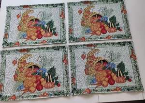 4 Tapestry Placemats~Fall Cornucopia Green, Gourds, Fruit, Pumpkins~17 x 12 in - Picture 1 of 12