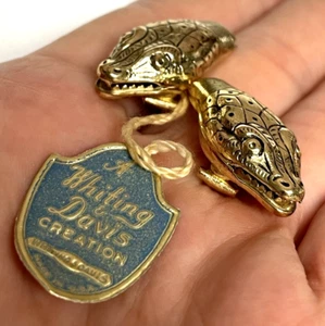 Whiting & Davis Gold-tone Snake Serpent Clip On Earrings Vintage Original Tag - Picture 1 of 17