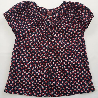 Tea Collection Girls Smocked Button Down Floral Blouse Size 5 Navy Red - Image 1 of 4