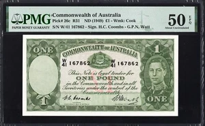 Australia 1 ONE Pound 26c R31 1949 Coombs Watt PMG50 aUNC EPQ Banknote LOOKS GEM - Bild 1 von 2
