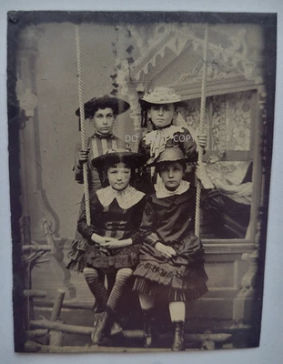 1880S TINTYPE NOT DAGUERREOTYPE  FOUR ELEGANT VICTORIAN TEENAGE GIRLS ON SWING - Image 1 of 2