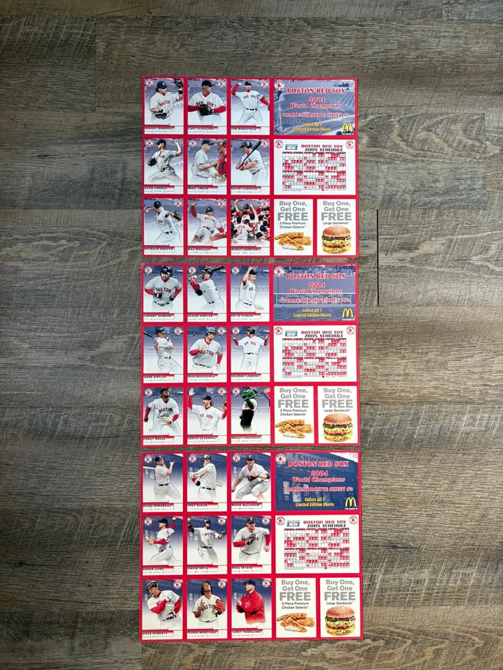 Juego de 3 hojas Boston Red Sox McDonalds Upper Deck 2004 Serie Mundial Foto 1 de 1