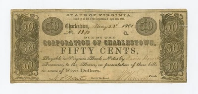 1861 50c The Corporation of Charlestown, (WEST) VIRGINIA Note - CIVIL WAR Era - Image 1 of 2